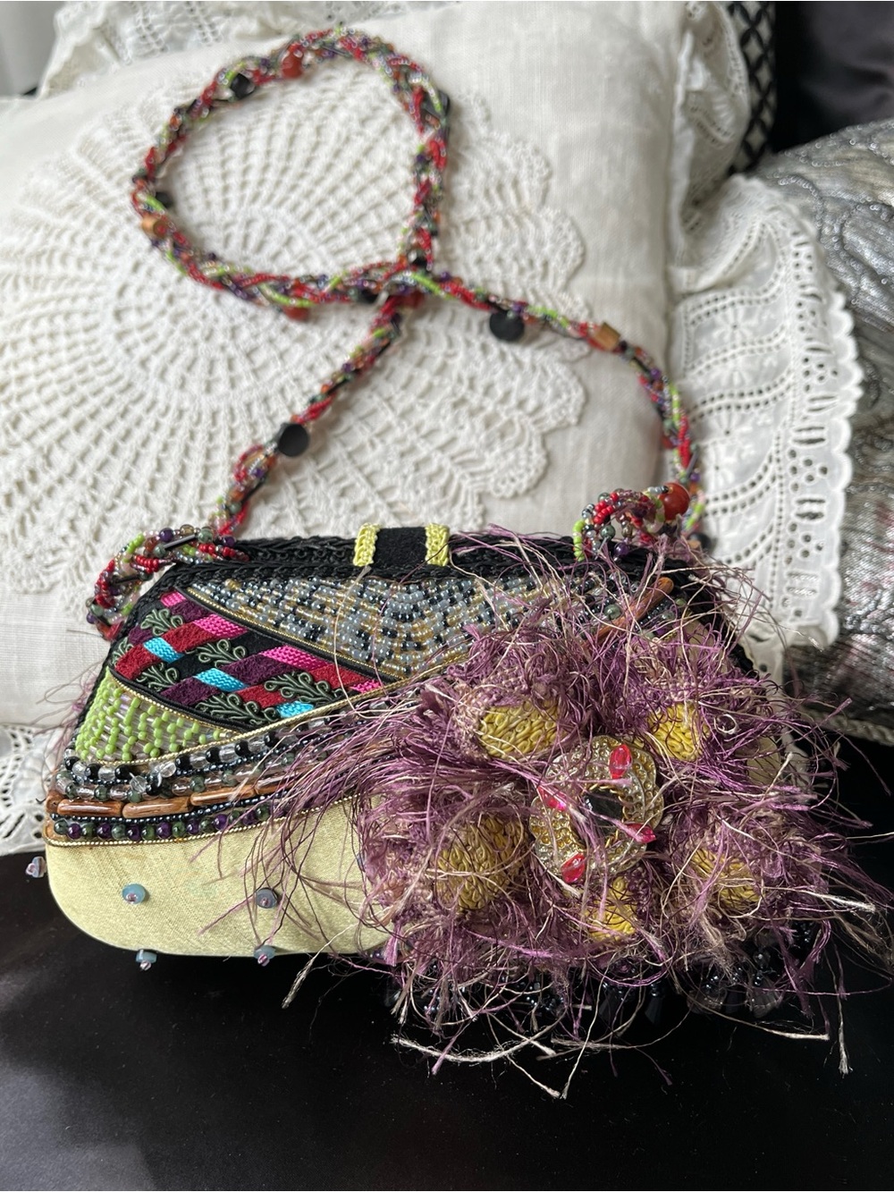 Mary Frances Multicolor Beaded Floral Crossbody with Purple Floral Detail